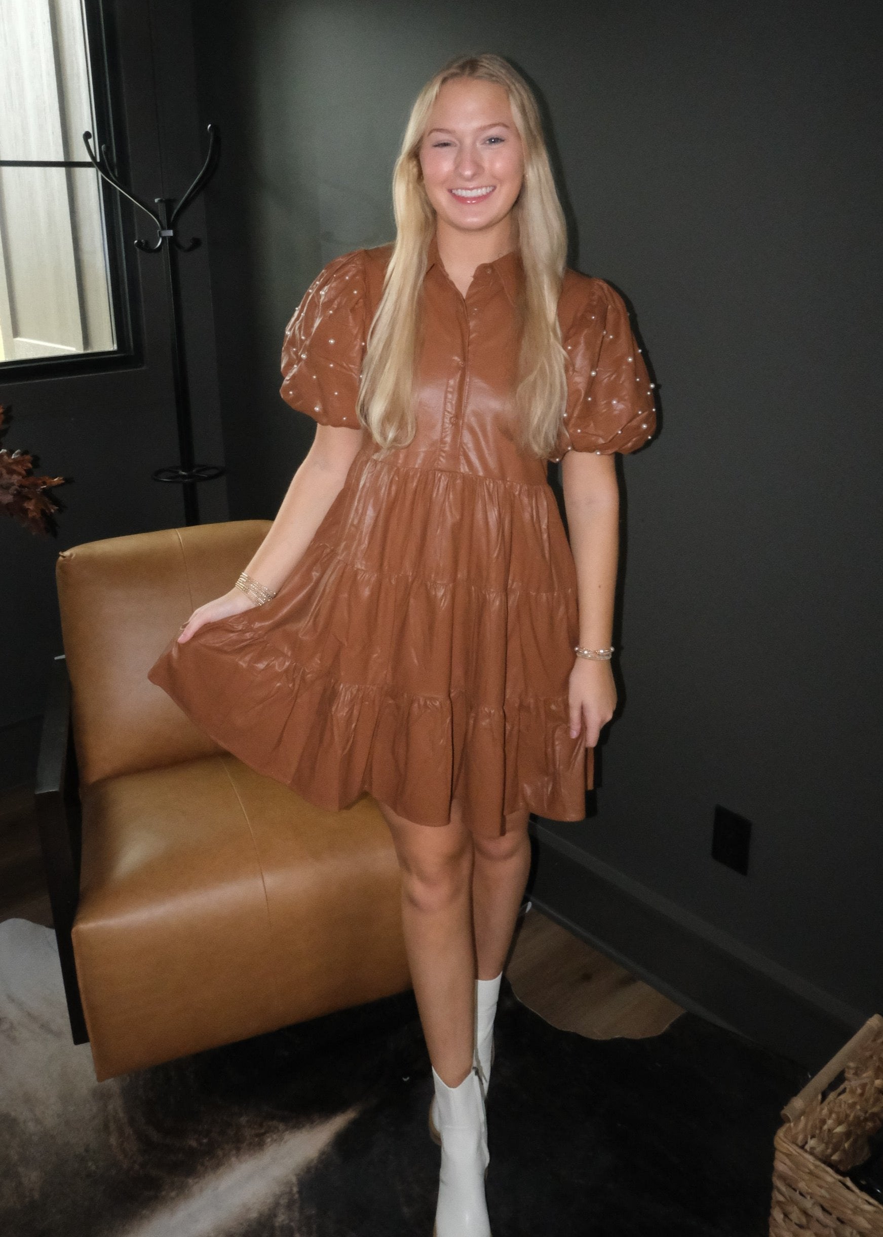Brown Leather Pearl Dress